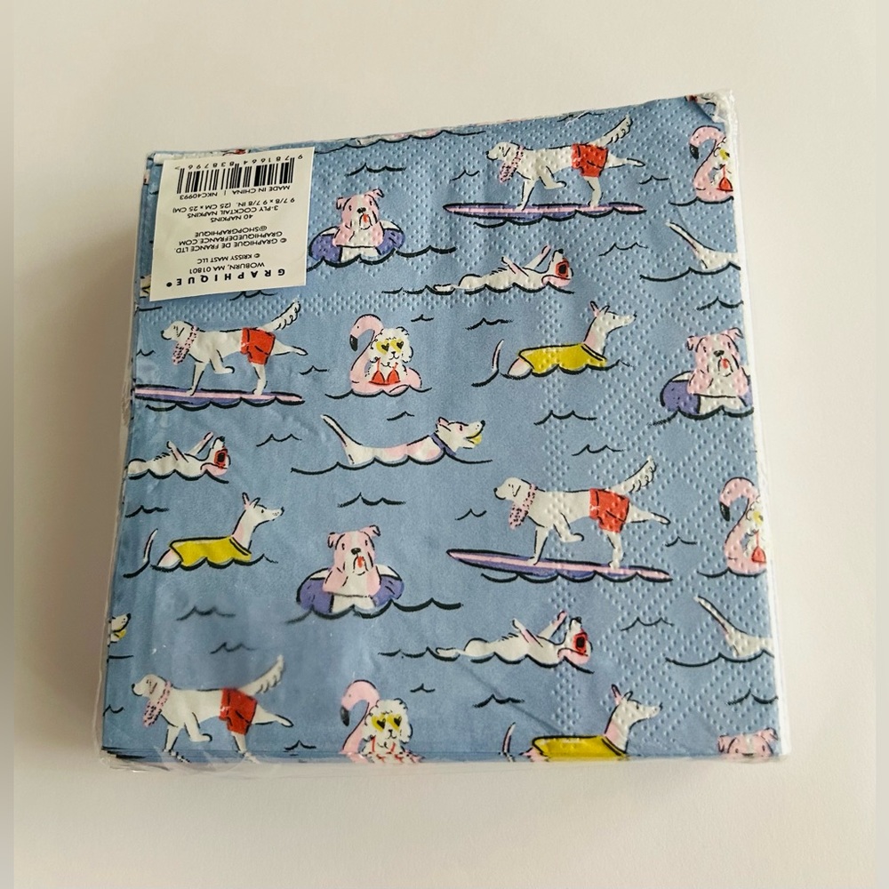 New 40 Graphique Paper Cocktail Napkins Dogs Ocean Surfing Swimmimg - Picture 11 of 16